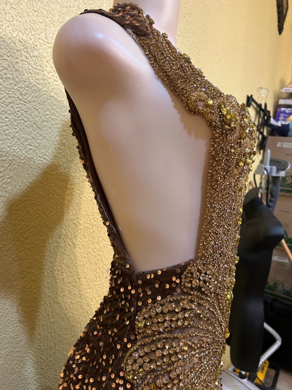 Backless Brown Sequin Evening Gown with Gold Embellishment - Picture 4 of 15